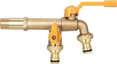 Produktbild von INF Messing Garten Wasserhahn mit Gelbem Griff - Doppel Auslass Wasserhahn
