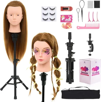 Productafbeelding van Oefenhoofd met haar 71 cm, 60% echt haar, voor kappers, inclusief tafelklem en accessoires, goud