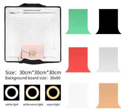 Produktbild von Fotobox - LED-Fotostudio für Produktfotografie - 30 x 30 x 30 cm - 5 Hintergründe