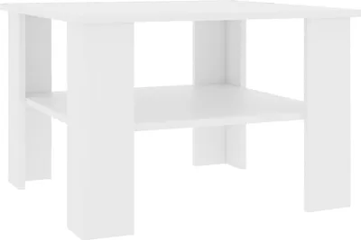 A white coffee table with a shelf in the middle, shown from a front-side angle on a white background.