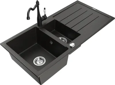 Produktbild von Mexen Andres 1,5-Becken-Granitspüle mit Abtropffläche und Mischbatterie Carla, Schwarz/Gold - 6515-75-670700-70