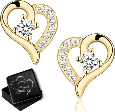 Produktbild von Goldene Damen Mädchen Herz Ohrringe echt 925 Sterling Silber Zirkonia Steine Geschenk für Frauen Ohrstecker Herzohrringe Gold K971+V12