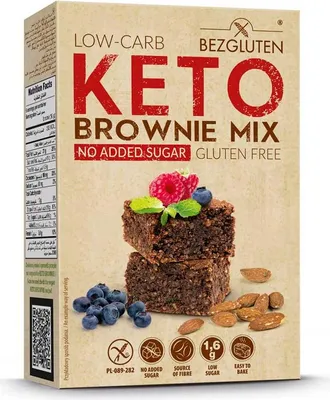 A box of Bezgluten KETO Brownie Mix with an image of brownies and ingredients.