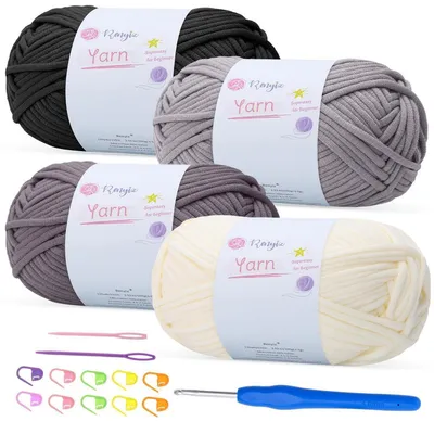 Produktbild von Häkelgarn 4er-Pack 100g grobes Baumwoll-Nylon-Mix mit 4mm Häkelnadel, Schwarz+Hellgrau+Dunkelgrau+Elfenbein