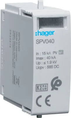 Zdjęcie produktu dla SPD Moduł ogranicznika przepięć T2 MOV 1P PV In=15kA Imax=40kA Up≤1.9kV Uc=585VDC dla fotowoltaiki SPV040 Hager