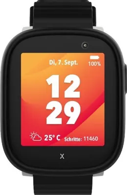 A smartwatch displaying the time, date, temperature, and step count.