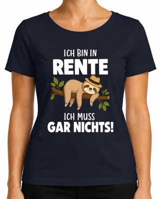 Immagine prodotto di Maglietta da donna, colore blu navy, con la scritta: "Sono in pensione, non devo fare niente", stile sarcastico. Taglia S