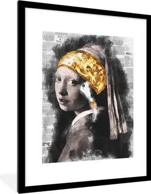 Produktbild von MuchoWow® Gerahmtes Poster Das Mädchen mit dem Perlenohrring - Vermeer - Collage 60x80 cm - Poster mit Schwarzem Bilderrahmen Wandposter Rahmen Foto Bilder - Wohnzimmer - Dekorationen - Prämie
