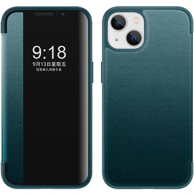 Obrázek produktu pro Pouzdro pro iPhone 14 tenkéPolyuretankožené klopové pouzdro s okénkem pro zobrazení zelené