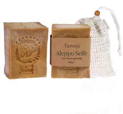 Image de Savon d'Alep original TUMELO 2 x 200 g (400 g) 90 % d'huile d'olive 10 % d'huile de laurier + sachet en sisal, savon à l'huile d'olive fait main, savon naturel