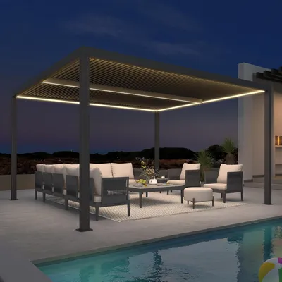 Produktbild von PURPLE LEAF Pavillon Lamellenpergola 3.65x4,25 m mit LED, wasserdicht, winterfest, Alu verstellbare Lamellen für Garten, Grau