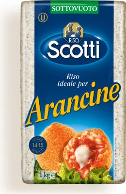 A bag of rice with an image of arancine on the front.