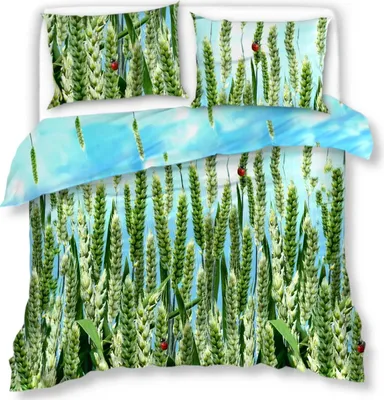 A bedding set with a wheat field and sky pattern.