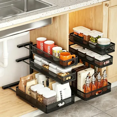 Unterbauschrank-Organizer 3 Ebenen ausziehbar, 2 Stück, schwarz