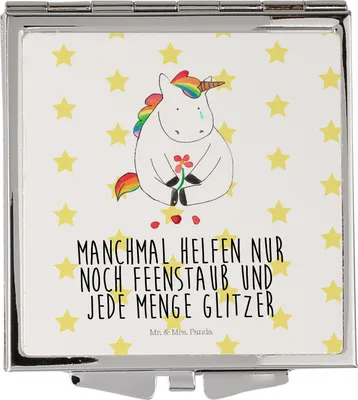 Produktbild von Mr. & Mrs. Panda Schminkspiegel Einhorn Traurig - Weiß - Geschenk, Unicorn, Frauen Spiegel, Kosmetikspiegel, Liebe, Blume, Trauer, Kleiner, Glitzer, Einhörner