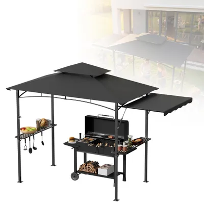 Obrázok produktu pre Grilový altánok CEEDIR 244 x 153 x 250 cm, s bočnou markízou, dvojitou strechou, bočnými policami, kovovým košom, háčikmi a otváračom fliaš, odolný proti poveternostným vplyvom, do záhrady, sivý