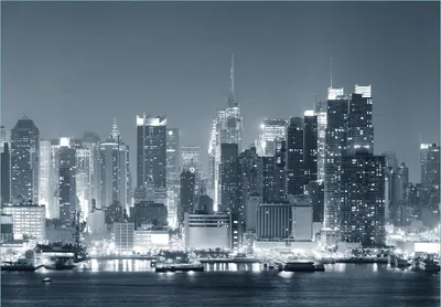 Produktbild von Wallario Fototapete Vliestapete, seidenmatte Oberfläche, einfache Verarbeitung, Größe 200 x 140 cm, Motiv New York Skyline - Schwarz Weiß Blau