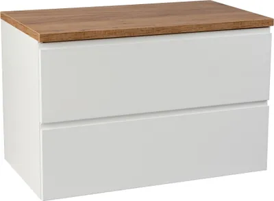 A white two-drawer cabinet with a wooden top.