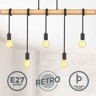 Zdjęcie produktu dla Lampa wisząca retro drewniana 5-światłowa lampa wisząca E27 czarny stół jadalny vintage
