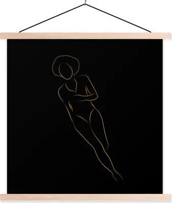 Produktbild von MuchoWow® Textilposter Frau - Gold - Schwarz - Strichzeichnung 120x120 cm mit holzfarbenen Rahmen - Textil-Poster