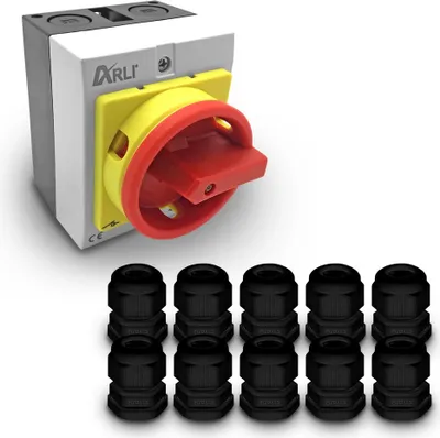 A product shot of an electrical switch and cable glands on a white background.