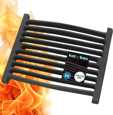 A black cast iron grate with flames in the background.