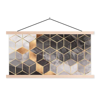 Produktbild von MuchoWow® Textilposter Abstrakt - Würfel - Gold - Muster - Schwarz - Weiß 150x75 cm mit holzfarbenen Rahmen - Plakate
