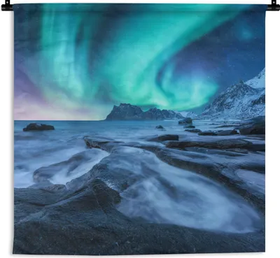 Produktbild von MuchoWow® Wandteppich Wandbehang Nordlichter - Schnee - Berg - Norwegen 60x60 cm Tapisserie Dekoration Wandtuch - Dekorationen - Wand Decke