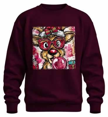 Imagen del producto de Sudadera o jersey navideño con diseño de reno, gafas, chicle y lazo, regalo divertido, estilo retro, uni, color burdeos, talla M