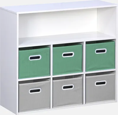 A white shelving unit with six storage boxes, three green and three gray.