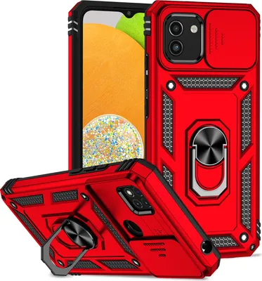 Produktbild von Galaxy A03 Hülle mit Schiebe Kamera Schutz und Ringhalter Ständer Robust Rüstung Schutzhülle für Samsung Galaxy A03 Rot