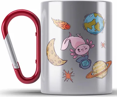 Produktbild von Trendation - Axolotl Edelstahl Tasse Karabiner Grafik Lustig Geschenkidee Schwanzlurch Tiere Geschenk Galaxie (Rot)