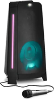 A black party speaker with pink and teal lighting, and a microphone in front.