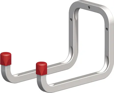 A silver metal hook with red caps on the ends, shown against a white background.