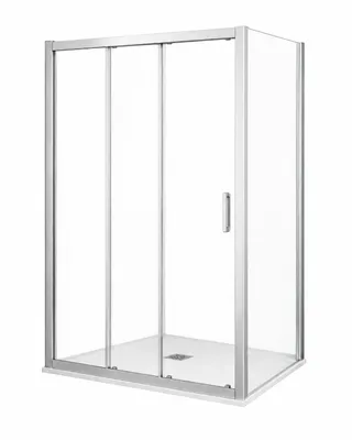 Obrázok produktu pre Sprchový kút 80 cm + pevná stena 65 cm - trojkrídlové posuvné dvere, sklo 6 mm, chrómový profil