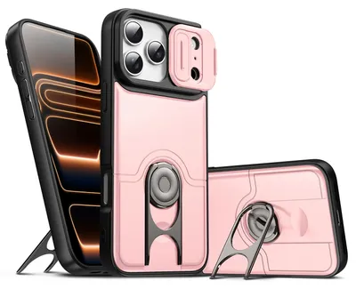 Image de Coque pour iPhone 17 Pro Max avec protection pour l'appareil photo et anneau-support, coque hybride antichoc rose