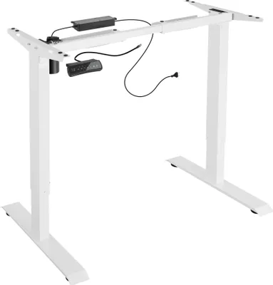 A white electric standing desk frame with a control panel and power supply.