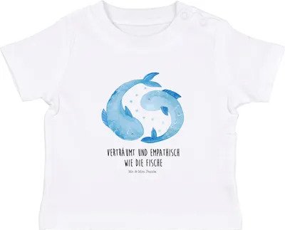 Produktbild von Mr. & Mrs. Panda  T-Shirt Sternzeichen Fische 0. - 6. Monat - Weiß - Geschenk, Baby Oberteil, Geburtstag Februar, Kinder Top, März, Fisch, Sternbild, Babyshirt, Shirt