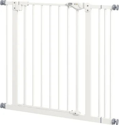 Zdjęcie produktu dla Bramka zabezpieczająca dla psów, barierka, 74-87 cm, bramka na klatkę schodową dla zwierząt, bramka dla psa z przedłużeniem, bramka ochronna bez wiercenia, metal, tworzywo sztuczne, kolor biały