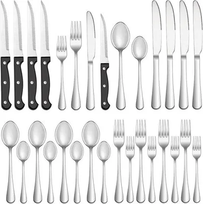 Image de Set de couverts 24 pièces pour 4 personnes, en acier inoxydable, finition brillante, pour un usage quotidien, comprenant des fourchettes, des couteaux et des cuillères, lavable au lave-vaisselle