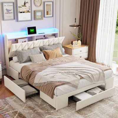 Zdjęcie produktu dla Łóżko tapicerowane ProximaX z miejscem do przechowywania 140x190 cm w beżowym aksamicie - zagłówek ze schowkami, portem USB do ładowania i szufladami pod łóżkiem, nowoczesny i praktyczny design