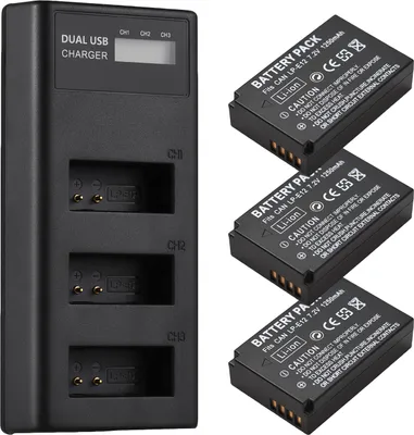 Obrázek produktu pro Nabíječka baterií LP-E12, 3slotová nabíječka s LED indikátory, připojení micro USB a typ C + 3 kusy baterií LP-E12, 7,2 V, 1250 mAh, kompatibilní s digitálními fotoaparáty Canon EOS M50/M50 Mark II/M/M2/M10/M100/M200/Rebel SL1/ PowerShot SX70/HS