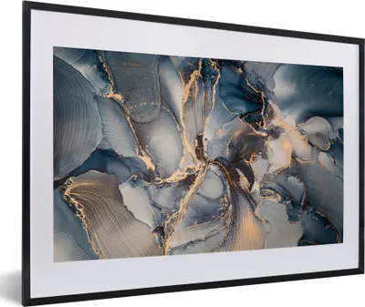 Produktbild von MuchoWow® Gerahmtes Poster Marmor - Grau - Blau - Luxus - Gold 60x40 cm - Poster mit Schwarzem Bilderrahmen Wandposter Rahmen Foto Bilder - Schlafzimmer - Plakat in Rahmen - Drucken