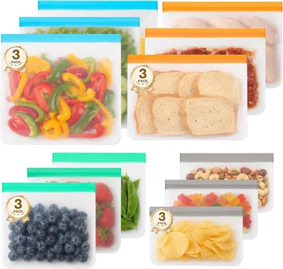 Produktbild von 12er Set Wiederverwendbare Gefrierbeutel 0,5/1/2/3 L, PEVA, Doppelverschluss, Spülmaschinenfest, Transparent, für Kühlschrank & Gefrierschrank