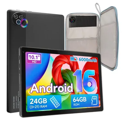 Obrázek produktu pro JENBIZZ Tablet, 10 palců, Android 16, 24 GB RAM (3+21 GB), 64 GB ROM, Wi-Fi 6, baterie 6000 mAh, s pouzdrem, modrá barva