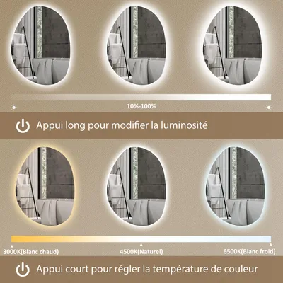 Image de HOMCOM Miroir salle de bain 70 x 50 cm, miroir mural asymétrique, miroir salle de bain avec éclairage LED - interrupteur tactile, lumière réglable 3 couleurs, anti-buée, mémoire - argent