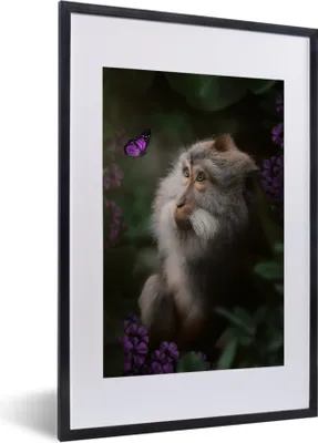 Produktbild von MuchoWow® MuchoWow® Gerahmtes Poster Affe - Dschungel - Schmetterling - Pflanzen 40x60 cm - Poster mit zchwarzem Bilderrahmen - Poster in Rahmen