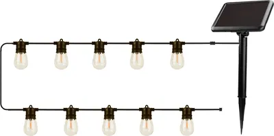 A string of solar-powered LED lights with a solar panel and stake.