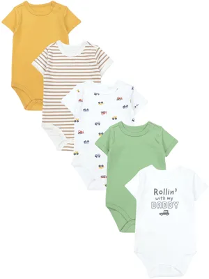 Image de Lot de 5 bodys à manches courtes TupTam pour bébé – Bodys imprimés en coton pour garçons et filles, couleur : Jaune_Voitures_Papa_Rayures_Vert, taille : 92