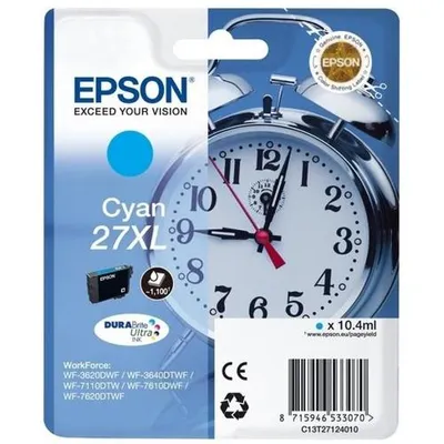 Zdjęcie produktu dla Epson Alarm clock Singlepack Cyan 27XL DURABrite Ultra Ink, Wysoka (XL) wydajność, Cyjan, 10,4 ml, 1 szt., 1100 stron(y)
